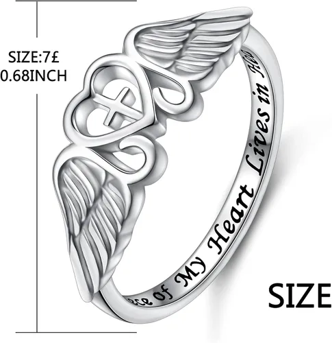 Miniatura 6 de FLYOW Anillo de plata de ley S925 A Piece of My Heart Lives in Heaven con alas de ángel para mujer, joyería de recuerdo de mamá, papá, abuela