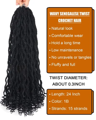Miniatura 2 de Extensiones de cabello ondulado senegalés de trenza de ganchillo 24 pulgadas, 8 paquetes, trenzas de trenza de ganchillo senegalés pre-trenzadas, 1b