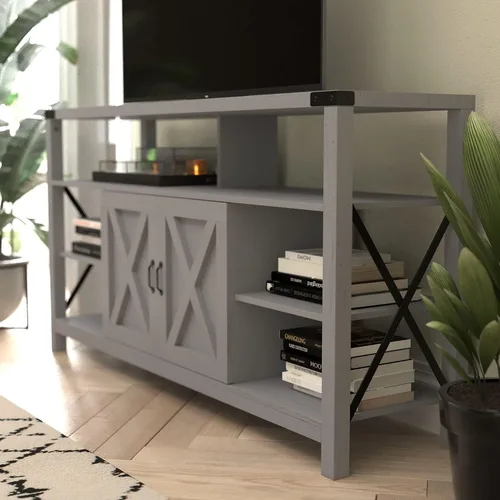 Miniatura 2 de Flash Furniture Wyatt - Mueble de TV alto y moderno de 60 pulgadas, gabinete de consola gris costero, estante central ajustable, estantes fijos