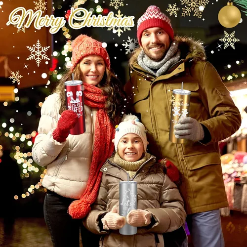 Miniatura 4 de Maxdot 4 vasos de Navidad con tapa y pajita, taza de Navidad de acero inoxidable, doble aislamiento, taza de viaje para agua, vaso al vacío