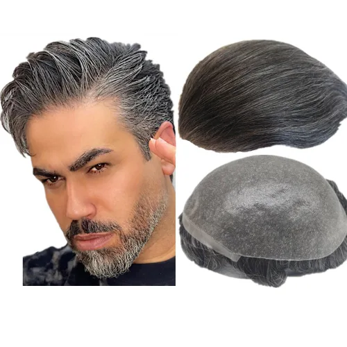 Miniatura 9 de N.L.W. Peluquín de cabello humano para hombres, base de piel fina de 0.04mm PU, tamaño base 25 x 20 cm, nudos en V, prótesis capilar, sistema