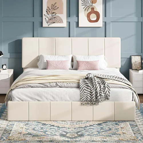 Miniatura 9 de SHA CERLIN Marco de cama tamaño queen, cama de plataforma tapizada en terciopelo holandés, cabecera ajustable con canales verticales acolchados