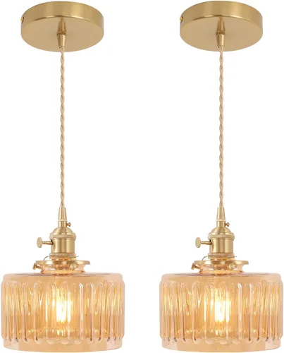 Miniatura 47 de Shenmoyl Lámpara colgante con pantalla de vidrio transparente a rayas, luz colgante vintage de latón, luz colgante ajustable para cocina, isla
