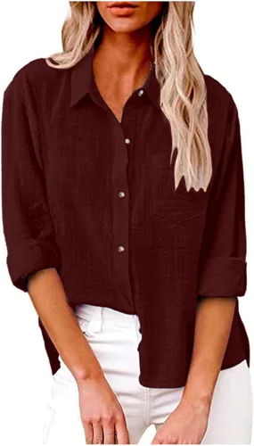 SMIDOW Camisa de algodón y lino con botones para mujer