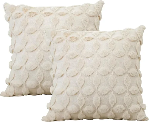 Miniatura 9 de OTOSTAR Juego de 2 fundas de almohada decorativas de terciopelo de lana suave con patrón de flores en 3D, fundas de cojín para sofá de sala de Crema