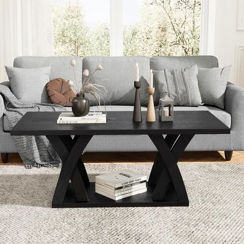 Miniatura 6 de FROMJBEST - Mesa de café de estilo rústico con estante, mesa de café moderna, mesa de café negra para sala de estar, mesas de sala de estar, 47" Gris