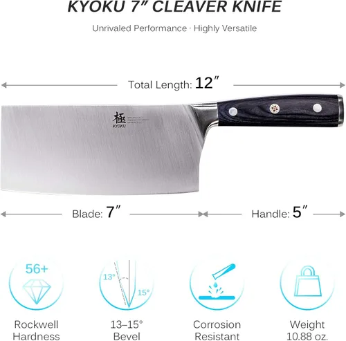 Miniatura 5 de KYOKU Serie Samurai - Cuchillo de carnicero de 7" - Espiga completa - Cuchillos de cocina de acero de alto carbono estilo japonés - Mango