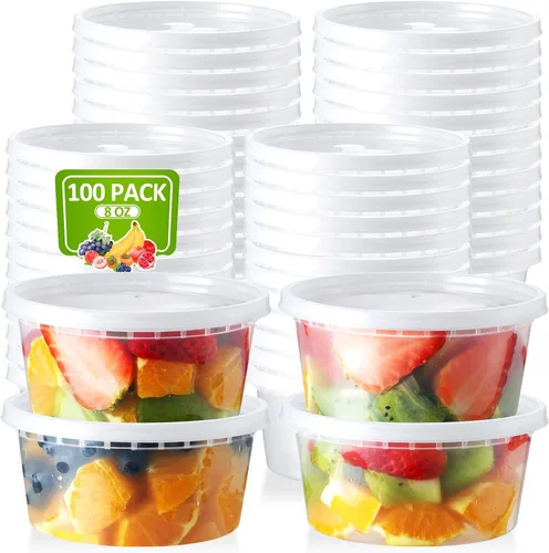 NEEBAKE Juego de 100 recipientes para delicatessen de 8 onzas con tapas herméticos de plástico para almacenamiento de alimentos con tapas para sopa