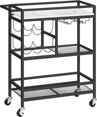 Miniatura 12 de MAHANCRIS Carrito de bar para el hogar, carrito de servicio de 3 niveles con ruedas y asa, carrito de bebidas con estante para vino y soportes