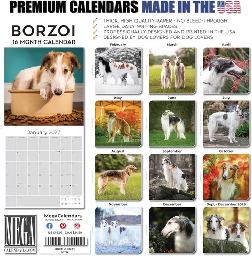 Miniatura 7 de Calendario Borzoi 2025 2026 – Calendario mensual de pared de raza de perro – 12 x 24 pulgadas abierto – Papel grueso que no se corre – Regalar