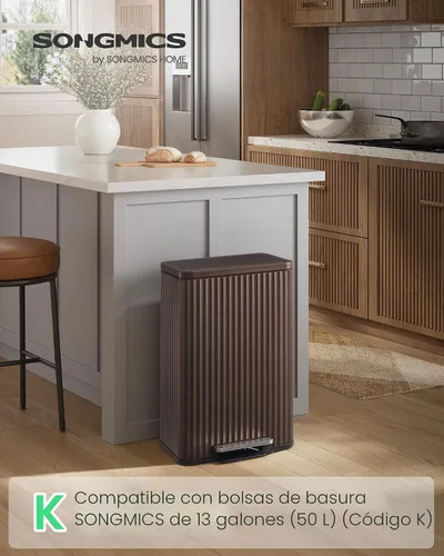 Miniatura 2 de SONGMICS Bote de basura de 13 galones (50 L) para cocina, con tapa, pedal y cubo interior extraíble, cierre suave, acero inoxidable, 15 bolsas