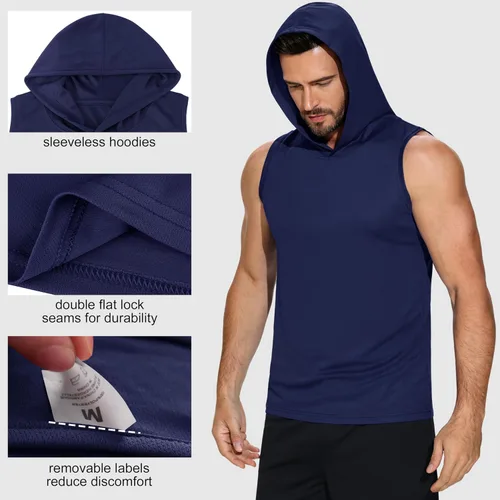 Miniatura 4 de Paquete de 3 sudaderas sin mangas para hombre, de secado rápido, con capucha, para correr, gimnasio, muscular, camisetas sin mangas