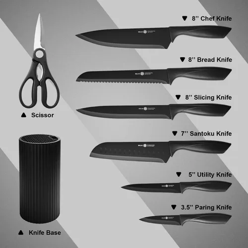 Miniatura 2 de Juego de cuchillos de cocina de 8 piezas con bloque universal, cuchillos de chef antioxidantes, diseño ergonómico, apto para lavavajillas (negro)