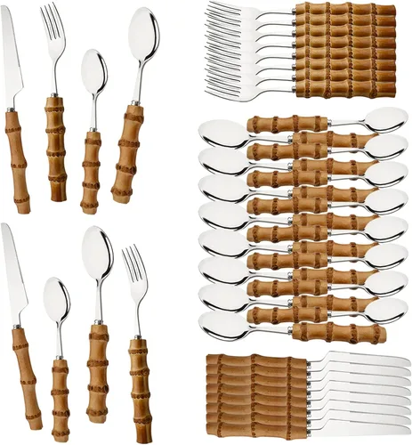 Miniatura 11 de Juego de cubiertos de mango de bambú natural, juego de cubiertos de acero inoxidable para 4, tenedores, cucharas, cuchillos para uso diario, 16
