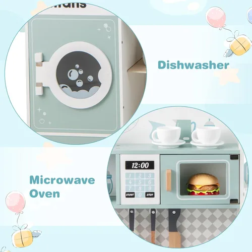 Miniatura 5 de INFANS Juego de cocina para niños, juego de cocina de madera para niños pequeños, juego de juguetes de cocina con cafetera, máquina de hielo, Azul