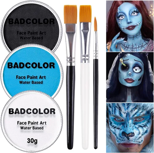 Miniatura 15 de Pintura corporal y facial negra y blanca de payaso con 3 pinceles de pintura, paleta de maquillaje SFX a base de agua para niños y adultos, pintura