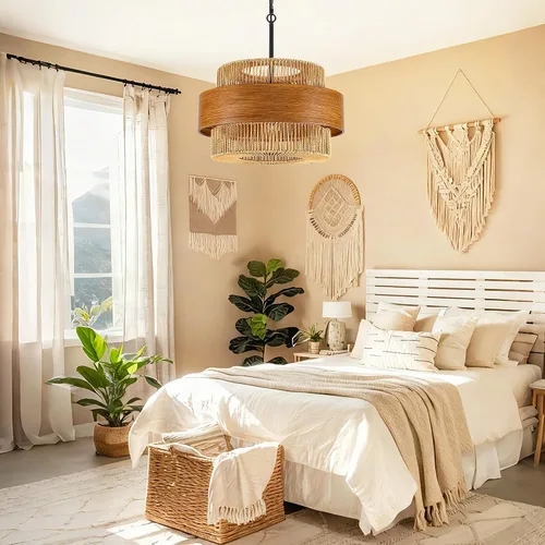 Miniatura 6 de Lámpara de araña tejida a mano con 5 luces, estilo bohemio, de tambor de ratán, de 19.68 pulgadas, grande, redonda, rústica, costera, para casa