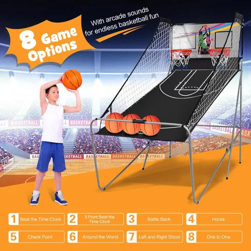 Miniatura 2 de Goplus Juego de Arcade de Baloncesto Plegable de Doble Tiro, Juego de Aro de Baloncesto con Puntuación Electrónica, 8 Modos de Juego, 4 Pelotas