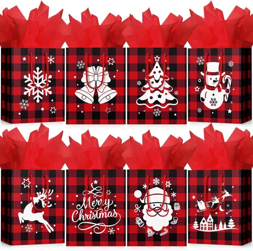 Miniatura 9 de Cholemy 16 piezas de bolsas de regalo de Navidad medianas gruesas con papel de seda, bolsas de papel kraft de Navidad con asas para envolver regalos