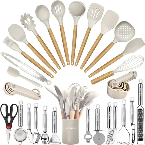 Juego de utensilios de cocina - 35 piezas de utensilios de cocina con rallador, pinzas, espátula de cuchara y girador hechos de silicona resistente