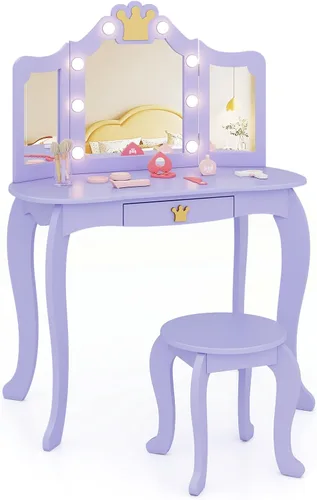 Miniatura 10 de HONEY JOY Tocador Infantil, Juego de Mesa y Silla de Maquillaje Temática de Corona para Niños con Cajón y Espejo Plegable, Espejo Desmontable, Juego