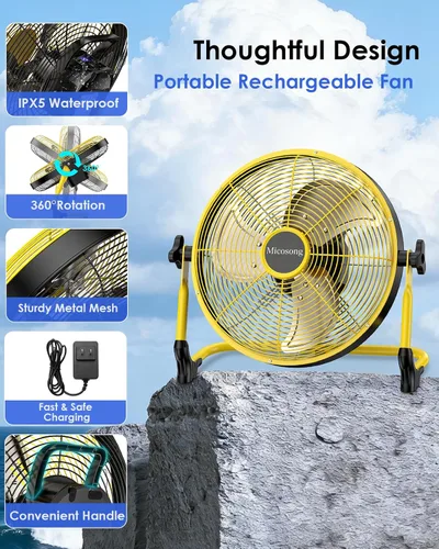 Miniatura 6 de Ventilador de suelo portátil de 14 pulgadas, ventilador de campamento inalámbrico para exteriores, ventilador recargable de larga duración