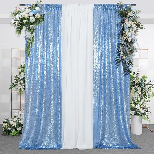 Miniatura 2 de SquarePie - Cortina de lentejuelas 2 pies x 8 pies, azul bebé, 2 piezas, decoración brillante para bodas y fiestas