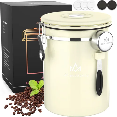 Recipiente para café de 35OZ en color beige, de acero inoxidable 304, recipiente hermético de cocina para almacenamiento de café en grano o molido,