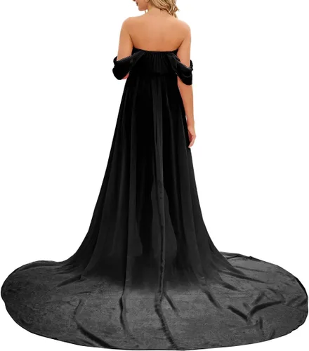 Miniatura 5 de ZIUMUDY Vestido largo de gasa de maternidad para sesión de fotos, fotografía, hombros descubiertos, vestido de gasa transparente