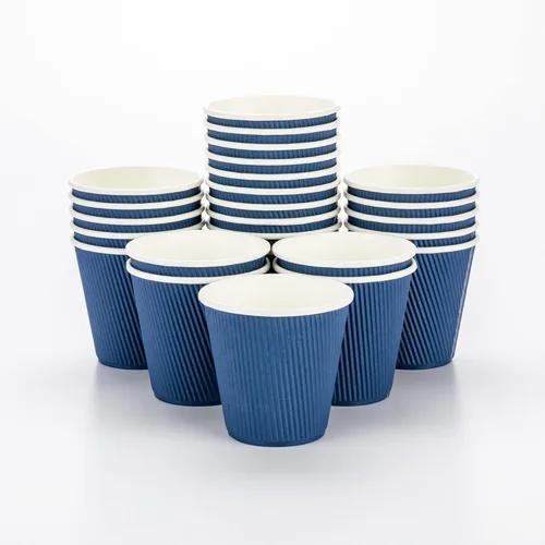 Restaurantware Tazas de café desechables de doble pared de 8 onzas, 500 vasos de papel azul oscuro aislados, diseño de pared ondulada, las tapas se