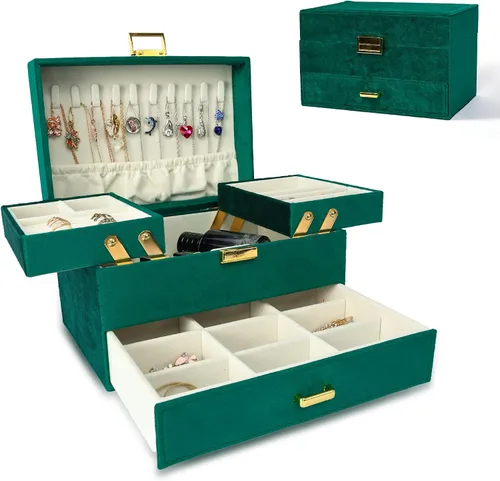 Dajasan Jewelry Box for Women 3 Layers Large Velvet Jewelry Organizer Jewelry Storage Organizer Jewelry Case for Earring Ring Necklace Bracelets