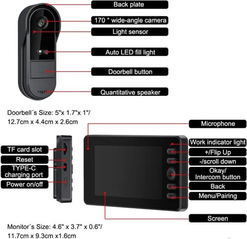 Miniatura 8 de TKMARS Timbre de puerta inalámbrico sin suscripción, activación bidireccional e intercomunicador, IPX65 impermeable, video 1080P, pantalla de 4.3