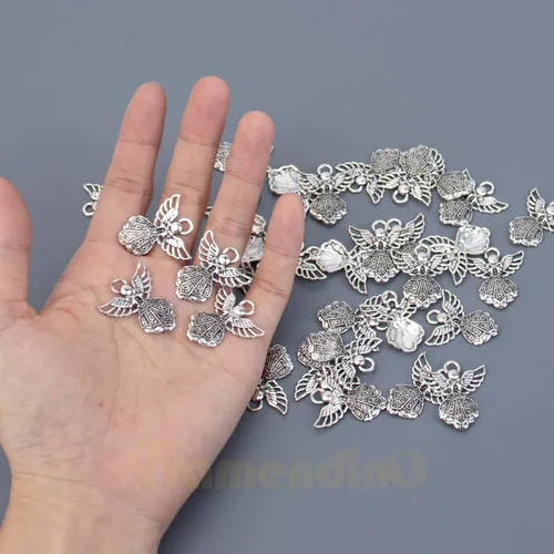 Miniatura 5 de Framendino, Paquete de 100 dijes de ángel de plata antigua para hacer joyas, pulseras y manualidades, aleación, No es una piedra preciosa