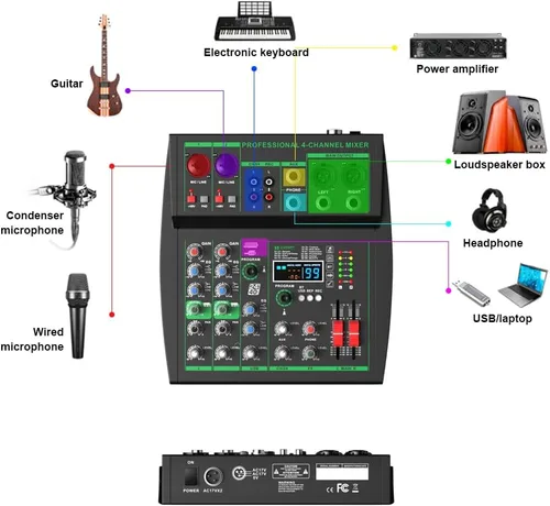 Miniatura 8 de MW-4 Consola de sonido portátil profesional de 4 canales Bluetooth 5.0 Tarjeta de sonido USB 99 sonidos de audio DJ Karaoke en vivo Grabación