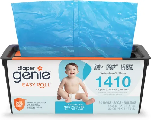 Diaper Genie Recarga fácil de enrollar | 30 bolsas por recambio | Capacidad para hasta 1410 pañales para recién nacidos | Control de olores | Bolsas