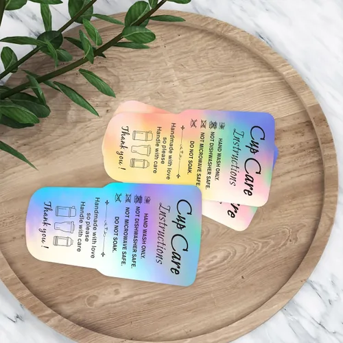 Miniatura 6 de 240 piezas de instrucciones de cuidado del vaso, tarjetas holográficas de embalaje de tarjetas de dirección del cliente para vaso, taza, taza de 3.5