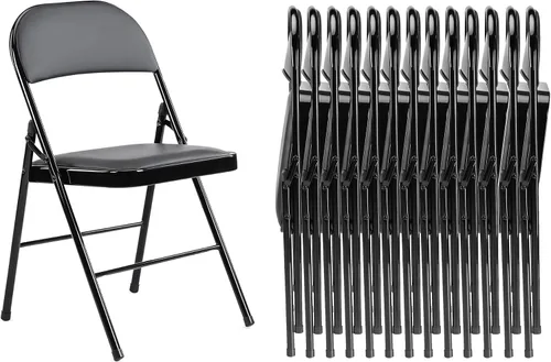 Miniatura 19 de Paquete de 2 sillas plegables, silla comercial apilable portátil, silla de cuero acolchada para interiores y exteriores con marco de metal Negro