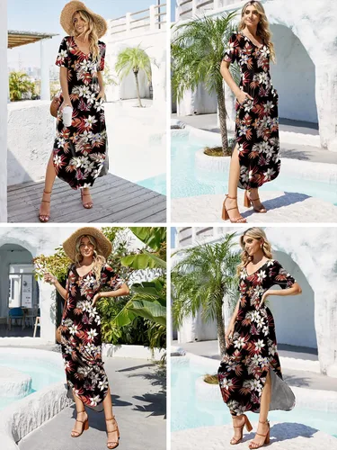 Miniatura 4 de Vestido largo casual suelto de manga corta con cuello en V para mujer, vestido largo con abertura, vestido de playa de verano con bolsillos