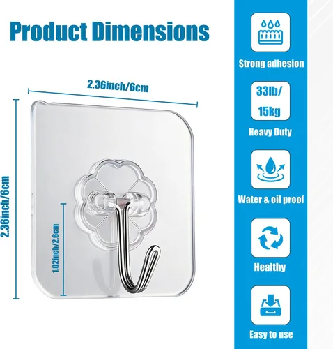 Miniatura 2 de Ganchos de pared de 33 libras (MÁX) autoadhesivos resistentes, 10 unidades, impermeables y a prueba de aceite, ganchos transparentes sin costuras