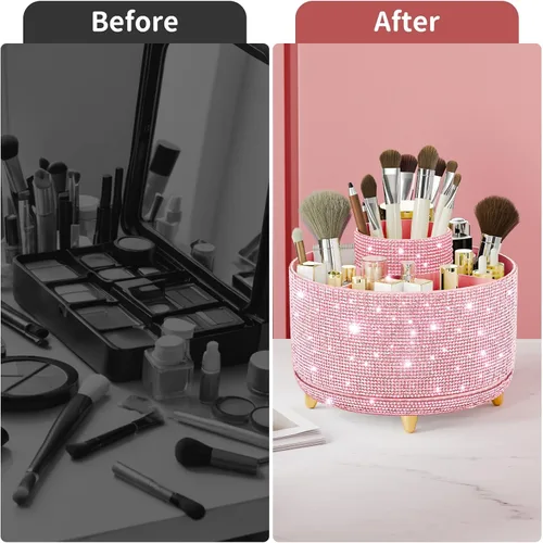 Miniatura 6 de fanado Bling Diamond - Soporte para brochas de maquillaje, organizador de maquillaje giratorio de 360°, vaso para brochas de maquillaje de 5 ranuras