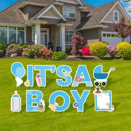 Miniatura 6 de Elcoho 11 carteles azules con estacas con texto en inglés "IT'S A Boy", incluye letras, globo, biberón, letrero para chupete de bebé para decoración