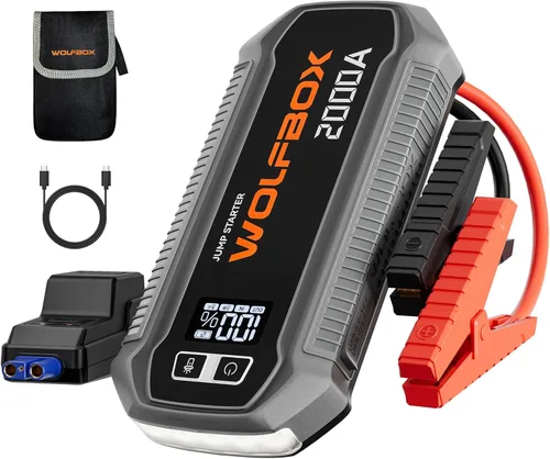 WOLFBOX Arrancador de batería de 2000 A, batería de 44.4 Wh portátil con pantalla LED, paquete de arranque de batería de automóvil de 12 V (motor