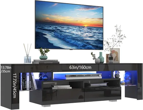Miniatura 5 de Vinctik 6&Fox Soporte de TV negro para TV de 55/60/65 pulgadas, centro de entretenimiento moderno con 2 cajones de almacenamiento y luz LED, mueble