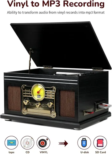 Miniatura 3 de FEKTIK FEKTIK - Tocadiscos Bluetooth 10 en 1, tocadiscos de 3 velocidades para vinilo con altavoces, convertidor LP a MP3, CD, reproductor de Negro