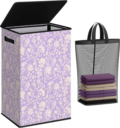 Miniatura 42 de SOLEDI Cesta de lavandería negra con tapa y bolsa extraíble, cesta de lavandería grande y alta de 100 litros, plegable con asa para almacenamiento