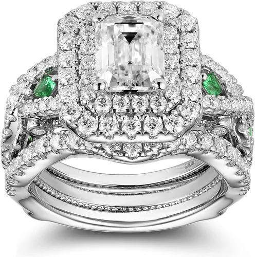 Miniatura 2 de DovEggs 4.3ct Total 6x8mm GHI Color Emerald Cut Moissanite Antqiue Double Halo Engagement Ring Zambia Emerald Sapphire Curved Enhancer Guard Band