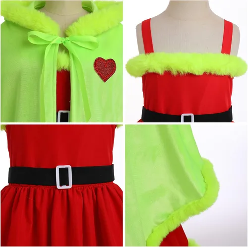 Miniatura 20 de IDOPIP Vestido de fiesta de Navidad para mujeres y niñas, vestido de tutú a cuadros rojos con capa con capucha, disfraz familiar a juego