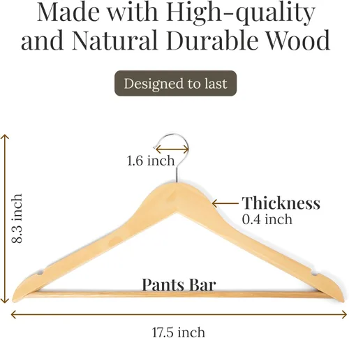 Miniatura 4 de Perchas de madera para ropa, paquete de 10 perchas de madera natural, ranuras y muescas antideslizantes para los hombros, gancho cromado giratorio