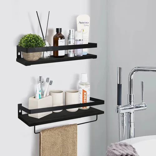 Miniatura 5 de Y&ME YM Estantes flotantes negros con toallero, juego de 2 estantes de baño para colgar en la pared, estantes decorativos flotantes de madera