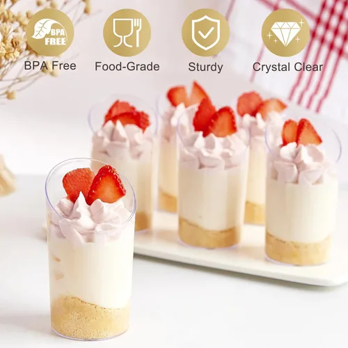 Miniatura 3 de TOFLEN Paquete de 100 mini tazas de postre con cucharas, tazas redondas de plástico para postres de 2.2 onzas, tazas inclinadas para aperitivos